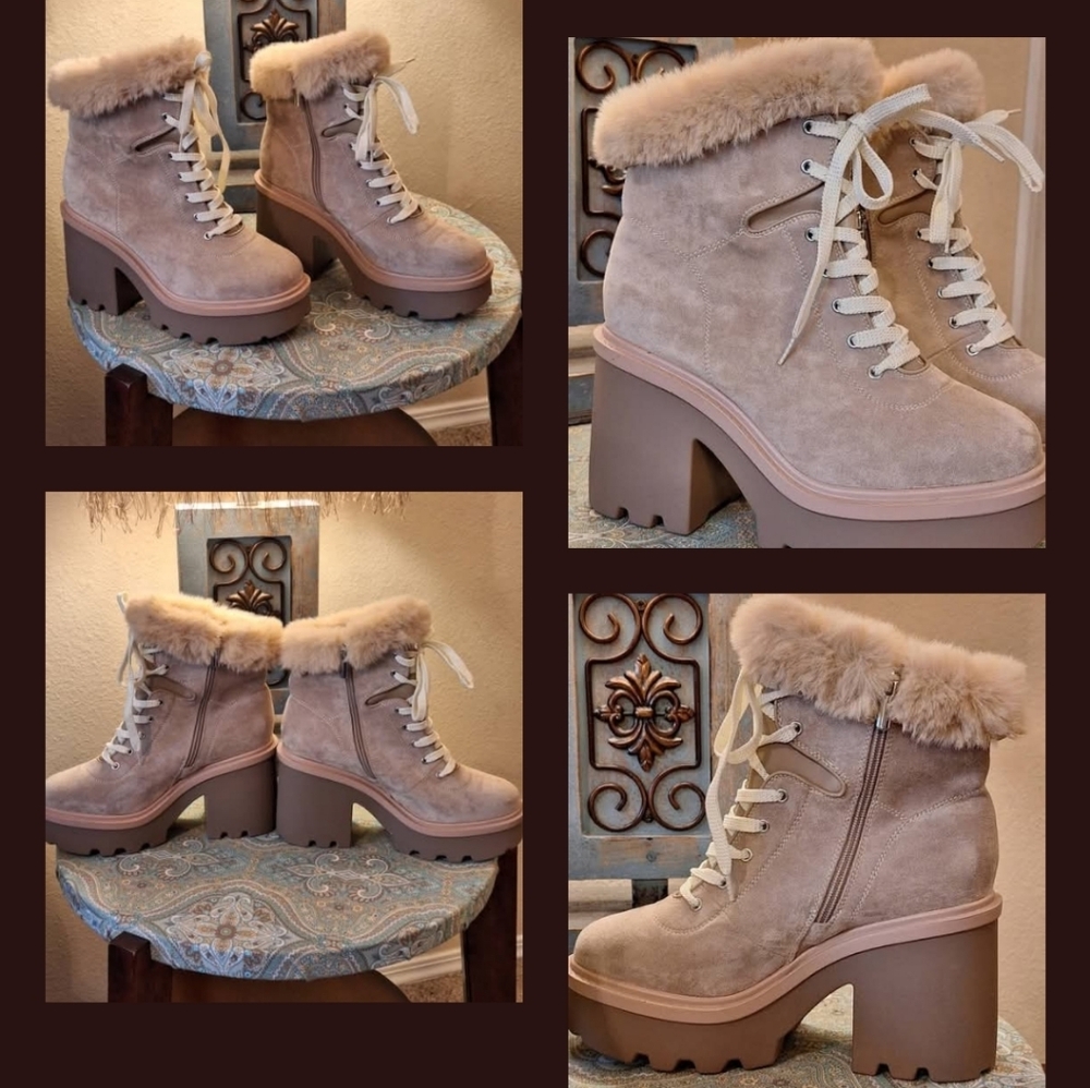Stylish Beige Lace-Up Ankle Boots with Fur Trim. NWOB Size 10 Wide
